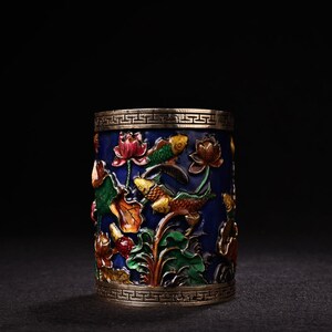 Chinese antique handmade carved pure copper cloisonn é enamel lotus flower fish pattern pen holder ornament,rare and exquisite