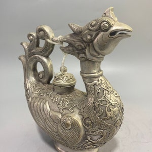 Chinese handmade carved white copper phoenix pattern statue teapot ornament,exquisite and precious,worth collecting
