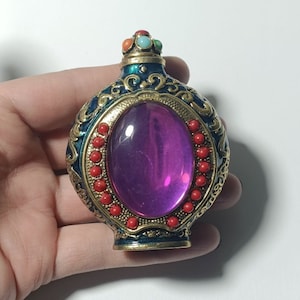 Collect pure copper statue small bottle with double-sided painting and inlaid gem ornament