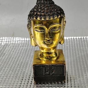 Chinese antique handmade carved pure copper gilt Buddha head seal ornament,tathagata buddha,home living room decoration