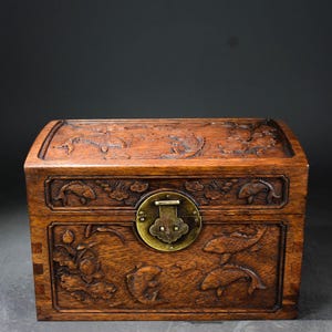 Chinese Antique Hand Carved Large Rosewood Box Hand carved Lotus Fish Pattern Storage box Ornament