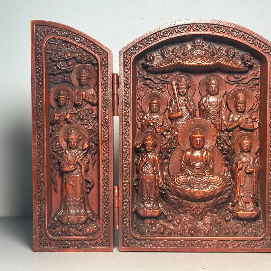 中国の佛像 木 中国アンティークの純粋な手彫りのツゲの木の3つの開いた仏像の装飾
