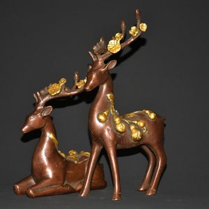 A pair Chinese pure hand carved pure copper red copper gilt gourd lucky sika deer statue ornaments,exquisite and precious,can be collected