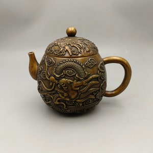 Chinese pure hand-carved brass copper dragon pattern teapot,exquisite and rare,collected and used