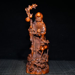 Chinees handgesneden natuurlijk buxus Fu Lu Shou-standbeeldornament, prachtig en kostbaar, het verzamelen waard!