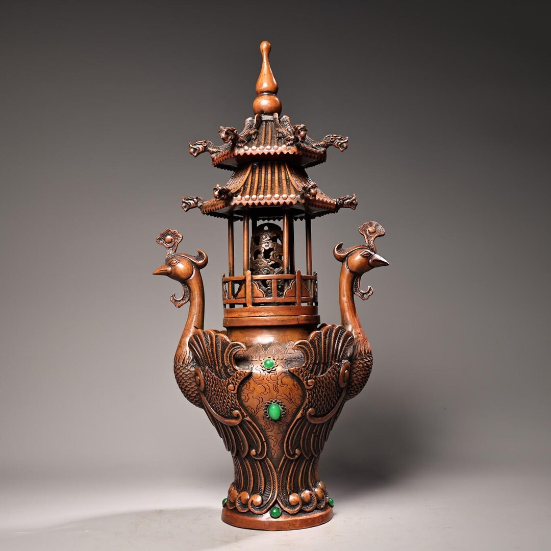 Chinese Antique Handmade Large Pure Copper Inlaid Gems High Relief ...