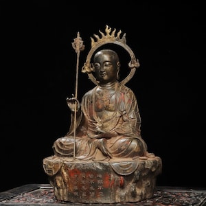 Chinese antique handmade carved pure copper mud gold ksitigarbha bodhisattva Buddha statue ornament,rare and exquisite