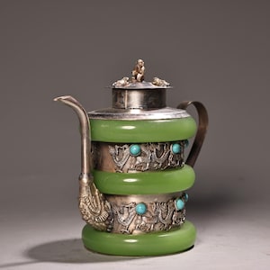 Collect handmade carved pure copper gilded silver inlaid gems teapot,wine pot ornaments with unique shapes