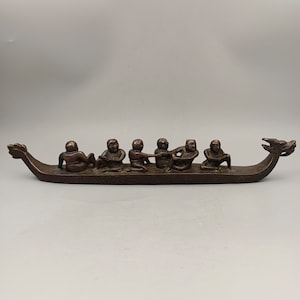 Chinese antique collection hand carved pure copper rowing a dragon boat statue decoration,exquisite and unique