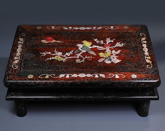 Mesa de té antigua china de sándalo puro tallado a mano con incrustaciones de flores y pájaros, mesa Kang, base única, digna de colección y uso.