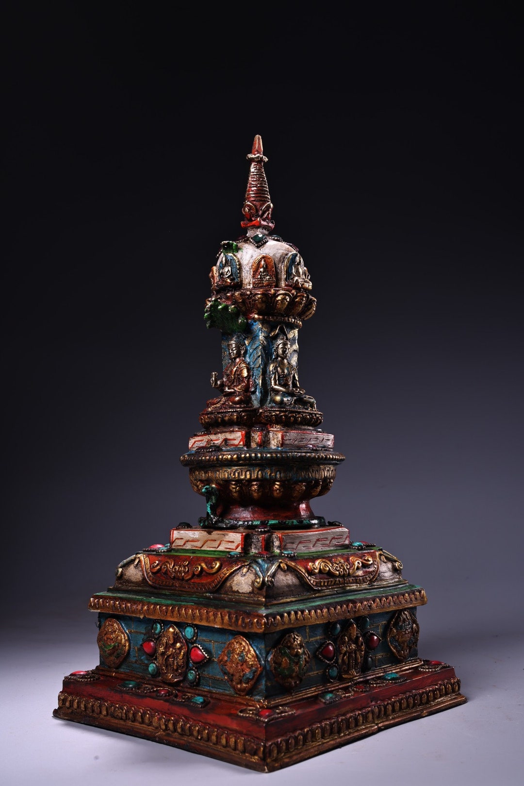 Chinese Antique Handcrafted Pure Copper Inlaid Gems Painting Pagoda ...
