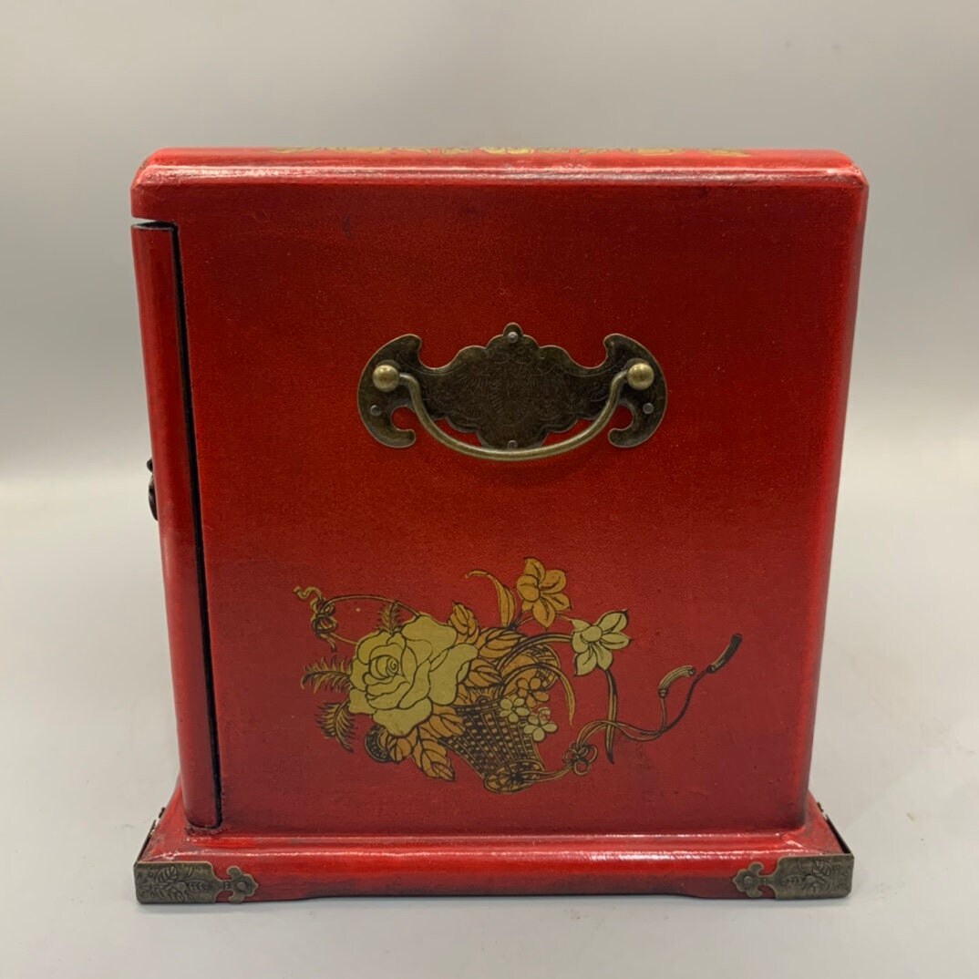 中国のアンティークの手彫りの漆塗りの龍と鳳凰の模様の宝石箱の収納箱