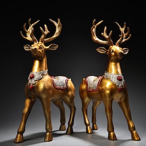 Chinese antique hand carved pure copper silver plated exquisite deer statue ornament a pair,precious and exquisite,home decoration