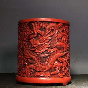 Chinese pure hand carved hand-painted lacquerware dragon pattern pen holder decoration,exquisite and rare