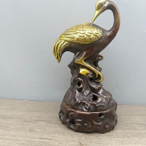 Chinese antique handmade carved pure copper gilt crane statue hollowed out incense burner ornament with unique shape