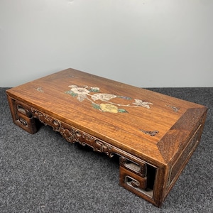 Chinese pure hand carved rosewood inlaid shell flower and bird pattern tea table,kang table,flower rack base decoration,precious and unique