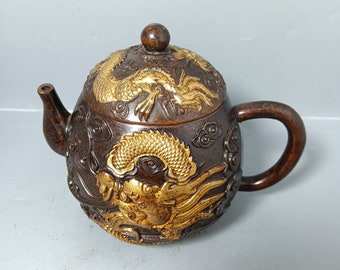 Pot de vin de statue de motif de dragon sculpté à la main en cuivre pur antique chinois, décoration de la maison, mérite d'être collecté