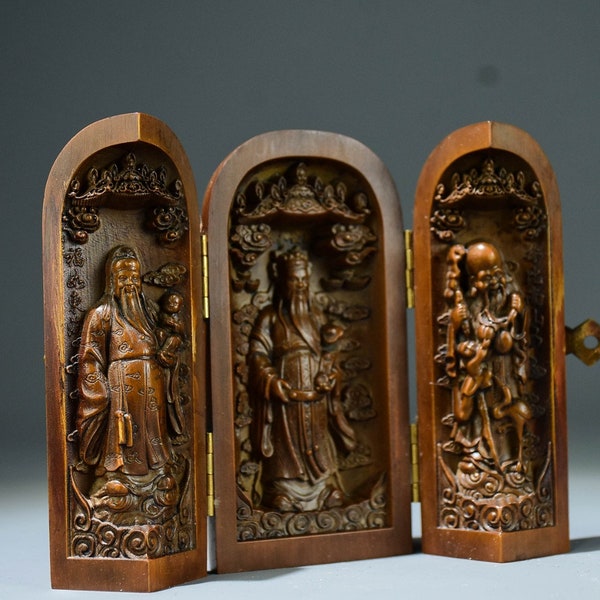 Collection of boxwood exquisitely carved Fu Lu Shou three open box