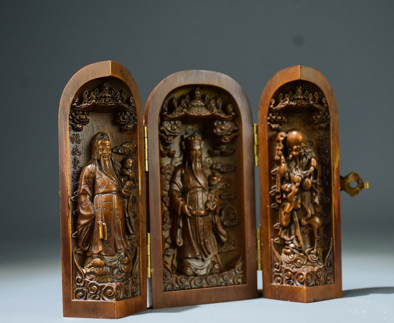 Collection of boxwood exquisitely carved Fu Lu Shou three open box