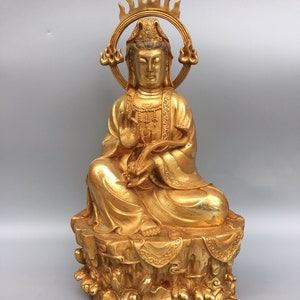 Chinese pure hand carved large pure copper gilt Guanyin bodhisattva Buddha ornaments,exquisite and unique,can be collected