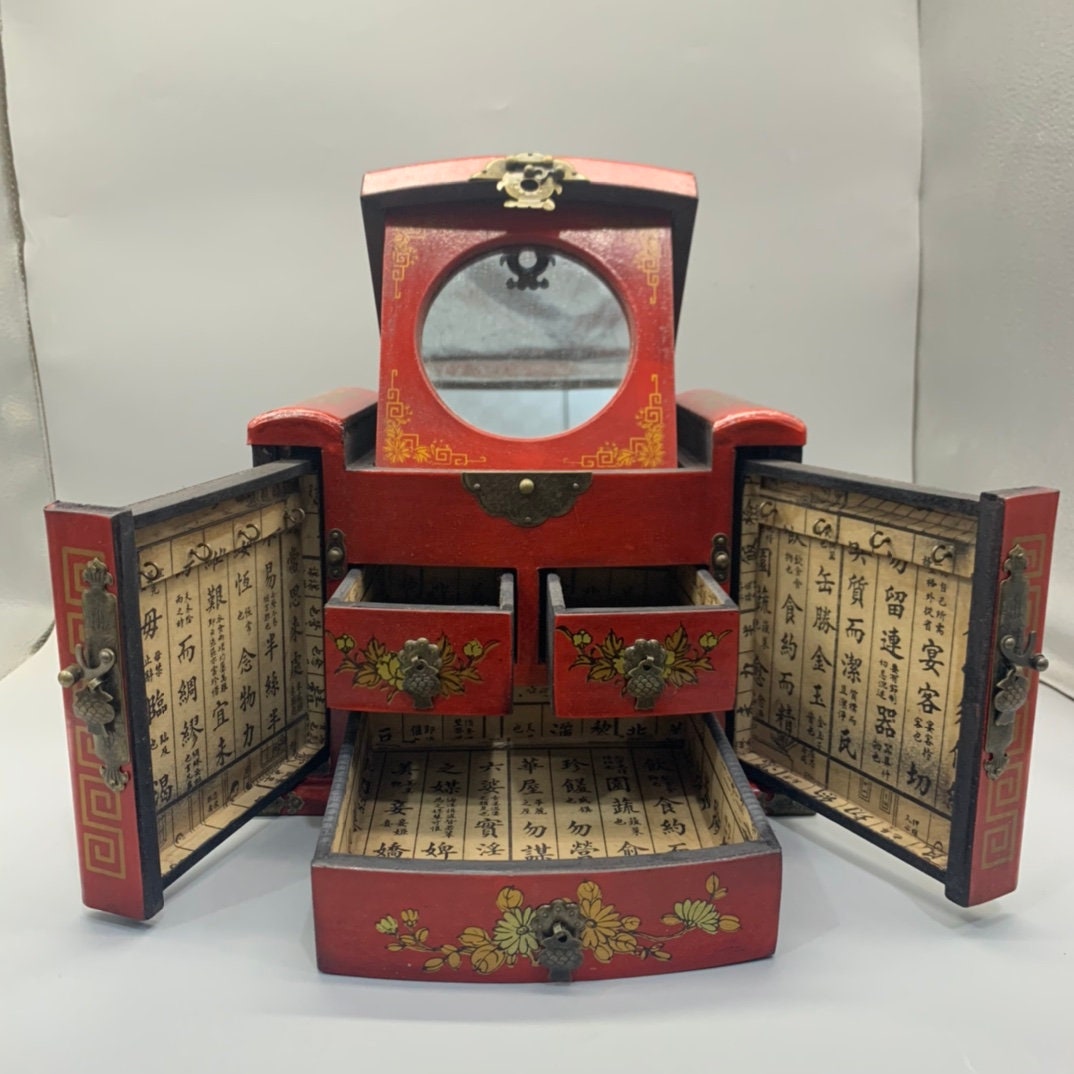 中国のアンティークの手彫りの漆塗りの龍と鳳凰の模様の宝石箱の収納箱