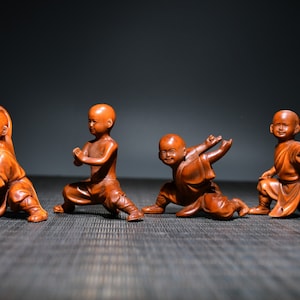 Chinesische antike natürliche Buchsbaum Kung Fu kleine Mönch Statue ein Set, Möbel Dekoration, reine handgeschnitzte Muster