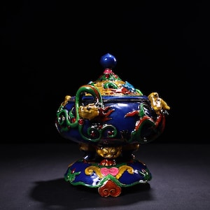Chinese antique hand carved pure copper high relief cloisonne incense burner ornaments,exquisite dragon patterns,precious,can be collected