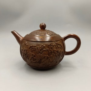 Chinese pure hand-carved pure copper red copper exquisite crane pattern small teapot,worth collecting and use