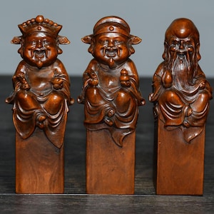 Chinese collectie natuurlijk buxushoutsnijwerk, puur handgesneden Fu Lu Shou-standbeeldornament, prachtig en uniek!