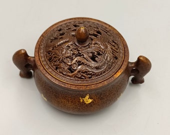 中国の純粋な手彫りの絶妙な赤銅の龍と鳳凰の模様の蓋の瓶、香炉の装飾