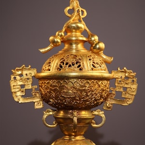 Chinesische antike Hand geschnitzt reines Kupfer vergoldet Drachen Kürbis exquisite Muster Räuchergefäß Ornament, selten und exquisit