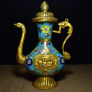 Chinese antique hand carved pure copper cloisonne dragon and phoenix statue lion pattern teapot wine pot ornament,precious and exquisite