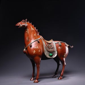 Chinese antique hand carved pure copper inlaid gems exquisite and rare high relief gilded silver stand horse statue ornaments
