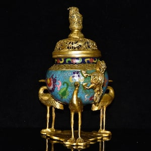 Chinese antique hand carved pure copper cloisonne enamel dragon and crane statue pattern incense burner ornament,precious and unique