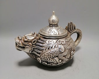 Chinese antique pure copper gilt silverr hand carved dragon pattern wine pot tea pot ornament,exquisite and rare