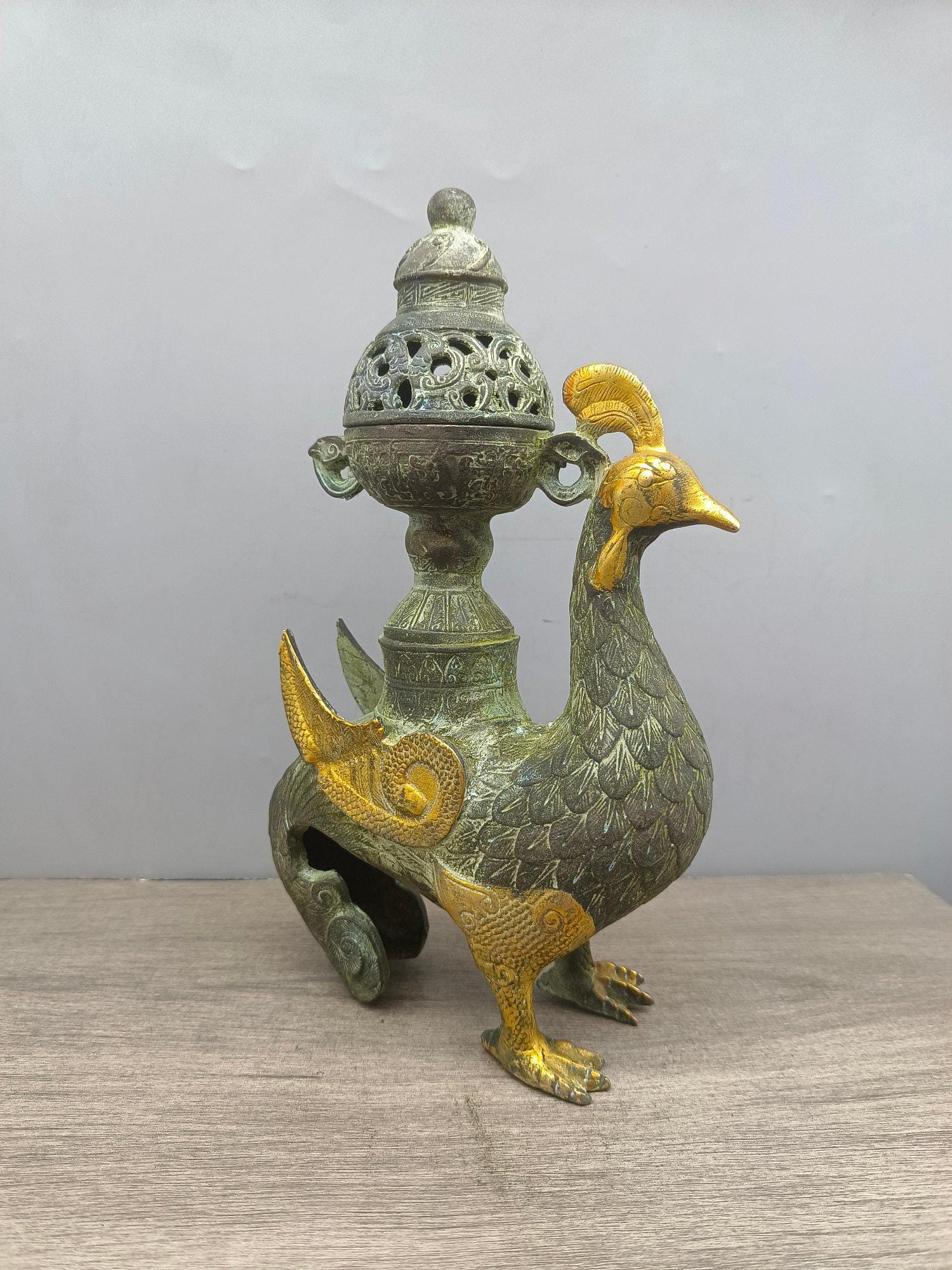 Collect Hand Carved Bronze Gilt Phoenix Statue Incense Burner
