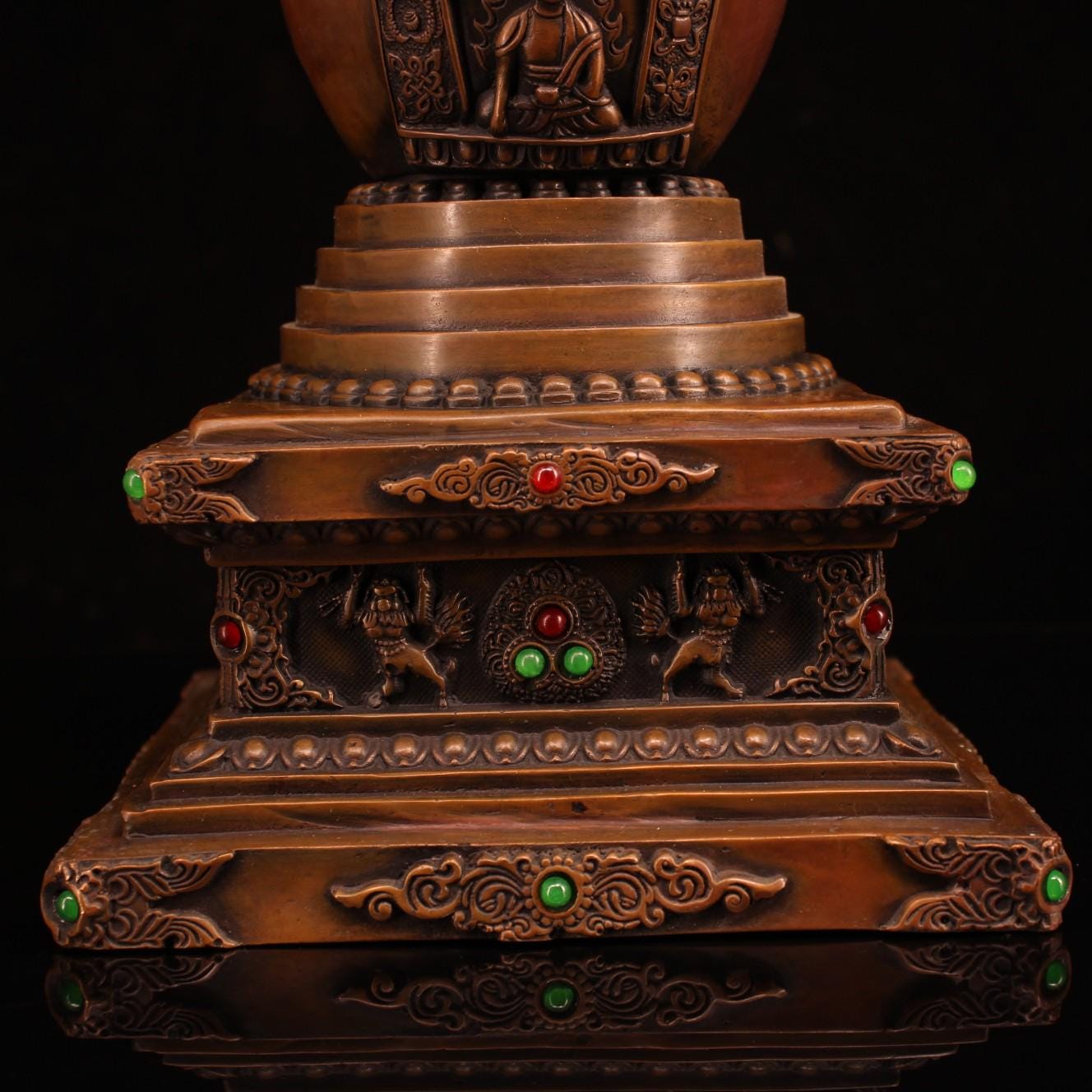 Chinese Antique Handmade Carved Pure Copper Red Copper Inlaid Gems High ...