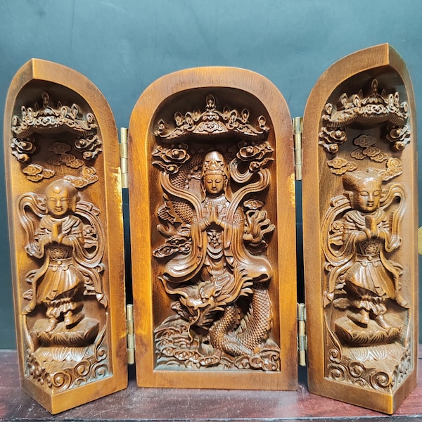 Chinesische antike natürliche Buchsbaum reine handgeschnitzte drei offene Box Guanyin Buddha Statue Ornament, schöne Form würdig der Sammlung