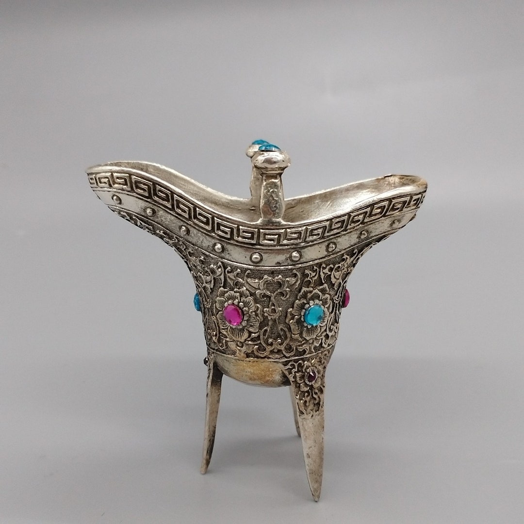 Chinese Antique Hand Carved White Copper Inlaid Gems Wine Cups ...