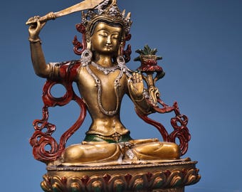 Chinees antiek handgemaakt, gesneden en beschilderd Manjushri Bodhisattva Boeddhabeeld, zeldzaam en prachtig.