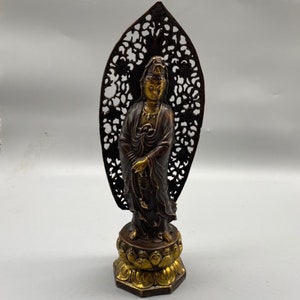 Chinese antique pure copper gilt Lotus Guanyin statue pure hand carved bronze statue home furnishings,worth collecting