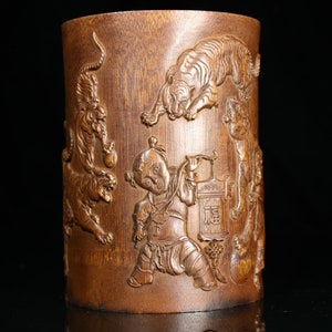 Chinese Antique Hand Carved rare Bamboo Carving children and tiger pen holder ornament
