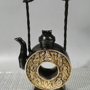 Chinese antique hand carved pure copper gilt eight immortals pattern flat pot ornament,precious and unique,collectible