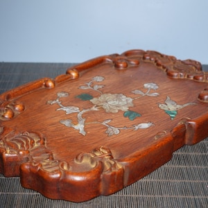 Chinese pure hand-carved rosewood inlaid shell flower and bird pattern tea tray fruit plate home decoration,exquisite and rare