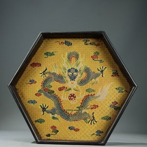 Chinese antique hand carved ebony inlaid lacquer ware Jixiang dragon tea tray ornaments,worth collecting