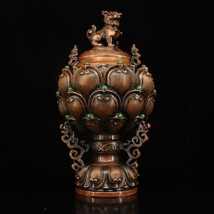 Chinese antique hand carved pure copper inlaid gems lotus lion statue incense burner ornament,rare and exquisite