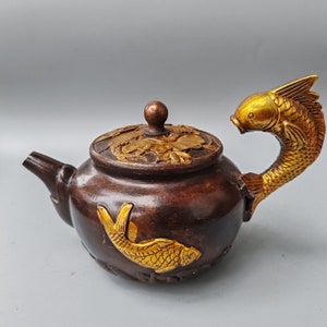Chinese antique pure copper gilt hand carved lotus fish statue wine pot teapot,home decoration,exquisite patterns,worth collecting