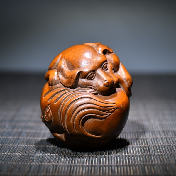 Chinese collection of natural boxwood carvings,pure hand carved Dog statue ornament,exquisite and unique