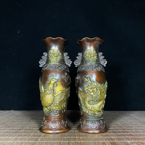 Chinese antique hand carved pure copper gilt dragon and phoenix pattern vase ornaments a pair,furniture decoration,exquisite and precious