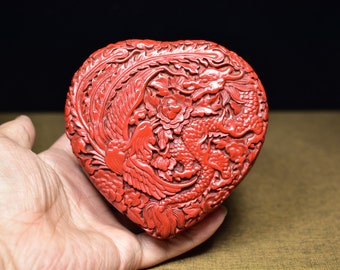 Chinese hand carved lacquerware dragon and phoenix pattern heart-shaped jewelry box ornaments,exquisite and precious,can be used